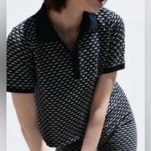 Zara Navy and White Textured Polo & Crop Pants Set